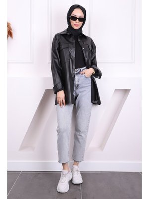 Siyah Çift Cepli Deri Gömlek