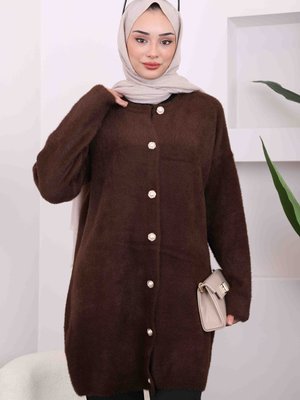 Kahverengi Düğmeli Angora Triko Hırka