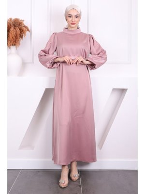 Gül Kurusu Hakim Yaka Balon Kol Saten Abiye Elbise