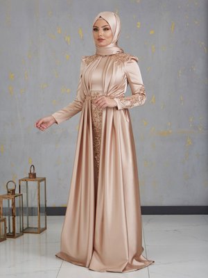 Önü Drapeli Aplikli Karaca Abiye Elbise Gold Önü Drapeli Aplikli Karaca Abiye Elbise Gold