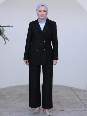 Armine Trend Çizgili Blazer Takım Siyah
