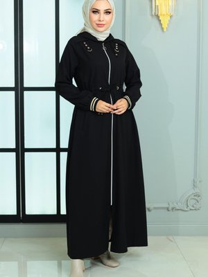 Siyah Fermuarlı Beli Bağcıklı Ferace Siyah Fermuarlı Beli Bağcıklı Ferace