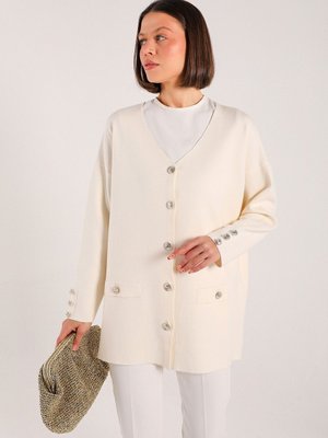 Ekru Düğmeli Triko Hırka