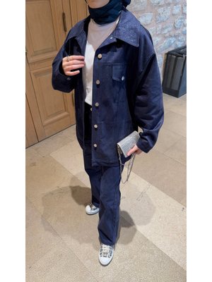 Lacivert Bol Paça Varaklı Gabardin Pantolon