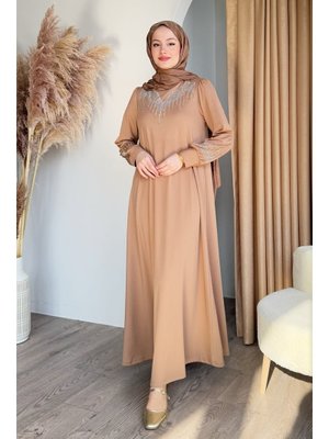 Taşlı İncili Camel Scuba Elbise