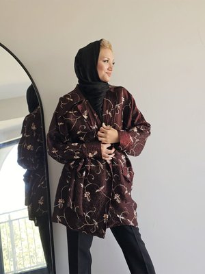 Giyim Özel Tasarım Kahverengi Çiçek Desenli Ceket