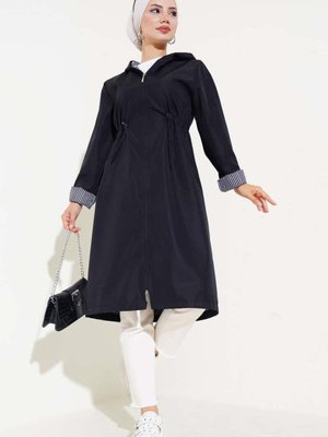 Siyah Bel Tünelli Çizgili Trençkot Siyah Bel Tünelli Çizgili Trençkot