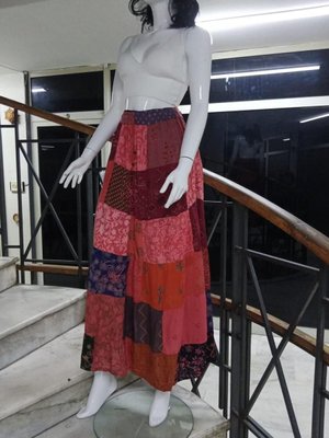 Kırmızı Hint Etnik Desenli Patchwork Uzun Etek