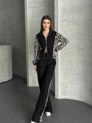 Siyah Leopar Desenli Fermuar Detaylı Geniş Paça Pantolonlu Takım Siyah Leopar Desenli Fermuar Detaylı Geniş Paça Pantolonlu Takım