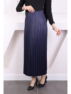 Koyu Lacivert Deri Görünümlü Piliseli Etek