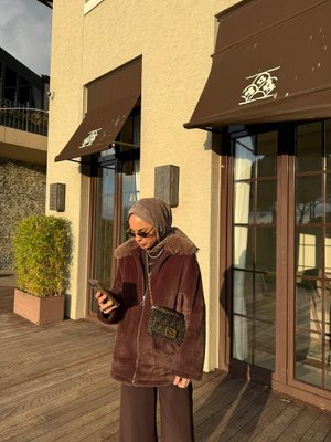 Kahverengi Angora Kürk Yaka Kaban