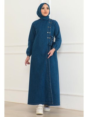 Açık Mavi Düğmeli Yandan Bağlamalı Kot Ferace Açık Mavi Düğmeli Yandan Bağlamalı Kot Ferace