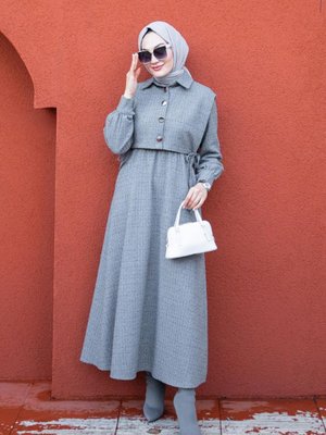 Üst Cepkenli Tüvit Ekoseli Elbise Gri