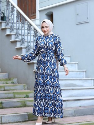 Mavi Bel Kuşaklı Dokuma Viskon Kumaş Şık Renkli Ve Desenli Elbise Mavi Bel Kuşaklı Dokuma Viskon Kumaş Şık Renkli Ve Desenli Elbise