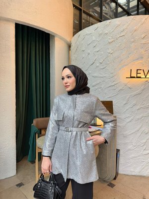 Gri Kemerli Payetli Ceket