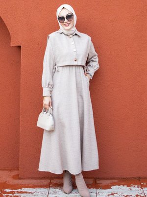 Üst Cepkenli Tüvit Ekoseli Elbise Bej