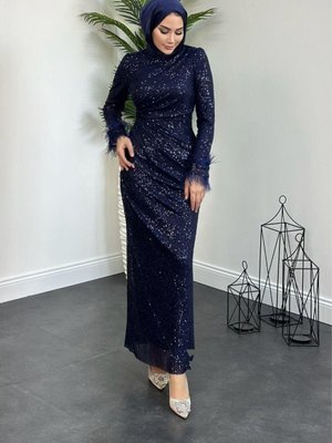 Kol Saçak Payet Abiye Elbise Lacivert Kol Saçak Payet Abiye Elbise Lacivert