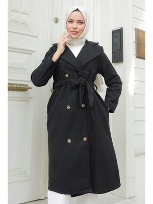 Siyah Feral Kuşaklı Kaşe Kaban