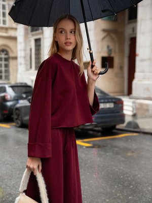 Duble Kol Etekli Takım Bordo