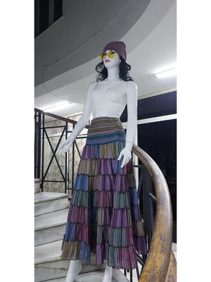 Renkli Hint Etnik Kat Kat Kesim Beli Gipeli Straplez Elbise Uzun Etek