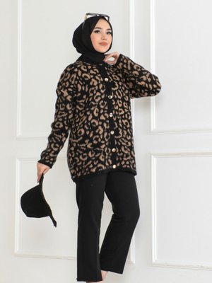 Kahve Leopar Desenli Triko Hırka