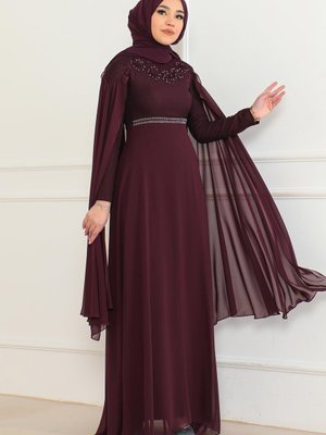 Mürdüm Taş Detaylı Abiye Elbise Mürdüm Taş Detaylı Abiye Elbise