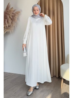 Taşlı İncili Beyaz Scuba Elbise