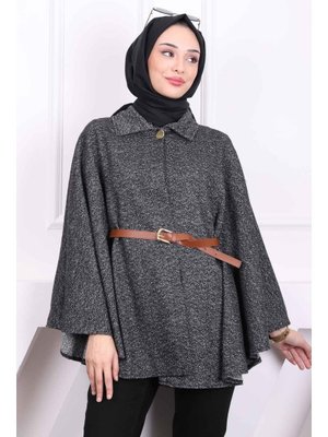 Siyah Tek Düğmeli Kemerli Panço