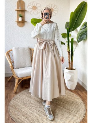 Taş Rengi Fiyonk Detaylı Kloş Etek