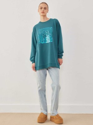 Payet İşlemeli Sweatshırt Petrol