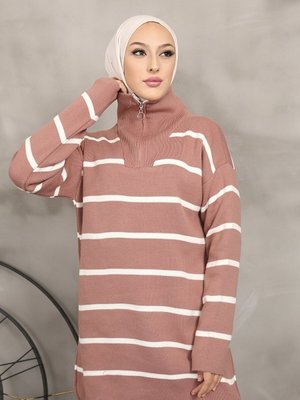 Gülkurusu Cizgili Yaka Fermuarlı Triko Tunik Gülkurusu Cizgili Yaka Fermuarlı Triko Tunik