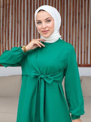 Koyu Yeşil Bel Bağlama Detaylı Elbise