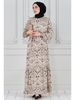 Vizon Motif Desen Beli Kuşaklı Viskon Elbise