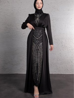 İçi Motifli Mini Boncuk İşlemeli Abiye Elbise Siyah İçi Motifli Mini Boncuk İşlemeli Abiye Elbise Siyah