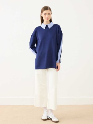 Kolu Yırtmaç Detaylı Yakalı Sweatshırt Lacivert Mavi Çizgili