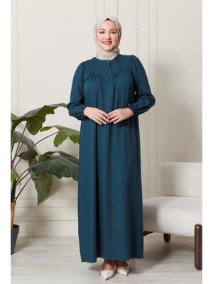 Zümrüt Yeşili Kadin Hakim Yaka Buyuk Beden Tesettur Viskon Kumas Pileli Ve Piliseli Elbise