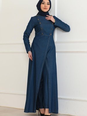 Koyu Mavi Düğme Detaylı Kot Takım Koyu Mavi Düğme Detaylı Kot Takım