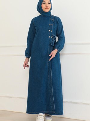 Açık Mavi Düğmeli Yandan Bağlamalı Kot Ferace Açık Mavi Düğmeli Yandan Bağlamalı Kot Ferace