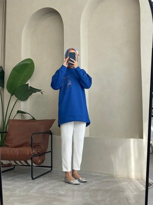 Saks Mavisi Arkası Desenli Tunik