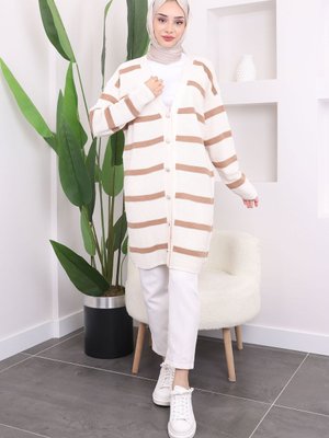 Krem Çizgili Gofralı Uzun Triko Hırka Krem Çizgili Gofralı Uzun Triko Hırka