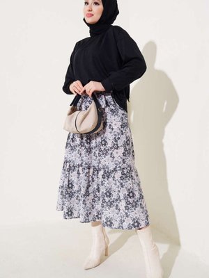 Siyah Çiçek Desenli Etekli İkili Takım Siyah Çiçek Desenli Etekli İkili Takım