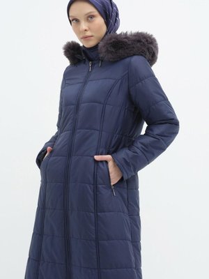 Kürk Kapüşonlu Şişme Manto İndigo