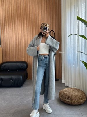 Gri Maxi Boy Uzun Polarlı Kalın Triko Hırka Nwj