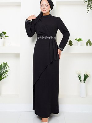 Kolları İşlemeli Abiye Elbise M Siyah Kolları İşlemeli Abiye Elbise M Siyah
