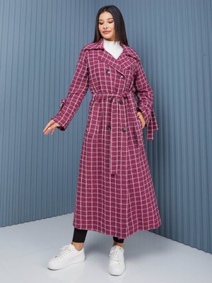 Fuşya Ekose Kadın Oversize Trençkot