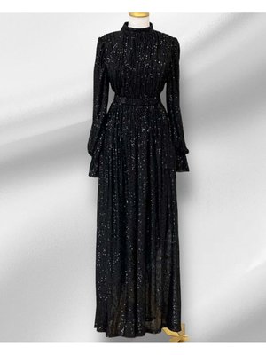 Abiye Elbise Payet Işlemeli Beli Kemerli Siyah Abiye Elbise Payet Işlemeli Beli Kemerli Siyah