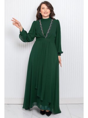 Taş Baskı Detaylı Şifon Abiye Zümrüt