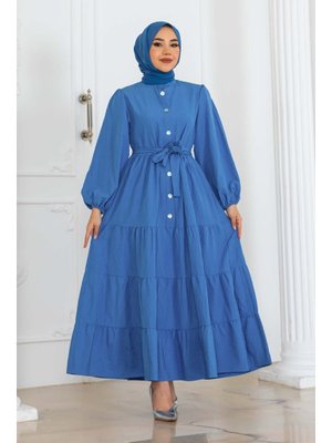 Mavi Düğmeli Kabartma Desenli Elbise