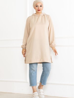Kapüşonlu Tunik Sweatshirt Krem Kapüşonlu Tunik Sweatshirt Krem