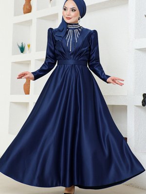 Drapeli Saten Abiye Elbise Lacivert Drapeli Saten Abiye Elbise Lacivert